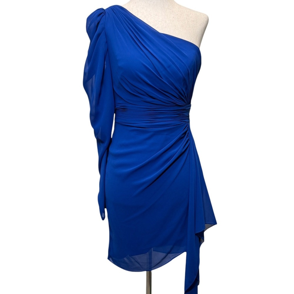IEENA Mac Duggal 55409 One Shoulder Sheath Mini Dress 0 Cobalt Blue Draped